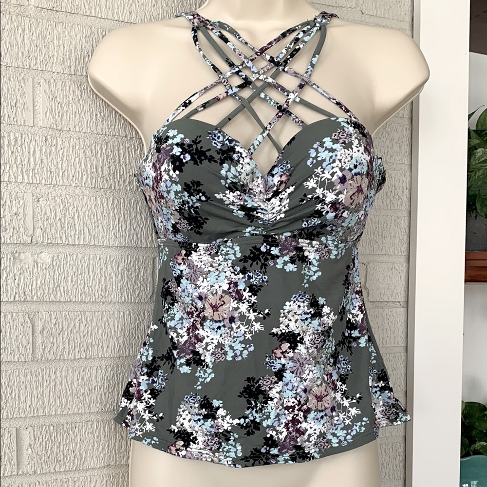 Ambrielle Size Small Olive Floral Tankini Swim Underwire Light Pad Molded Cups